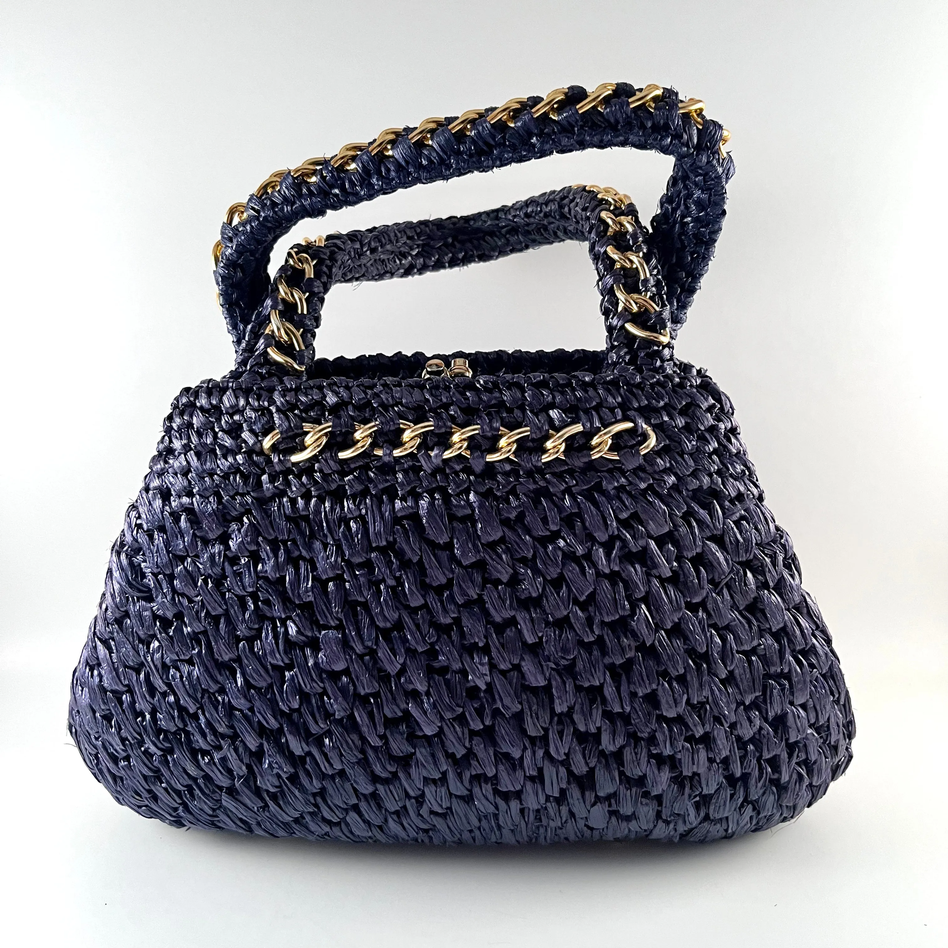 1960s Navy Raffia Straw Handbag