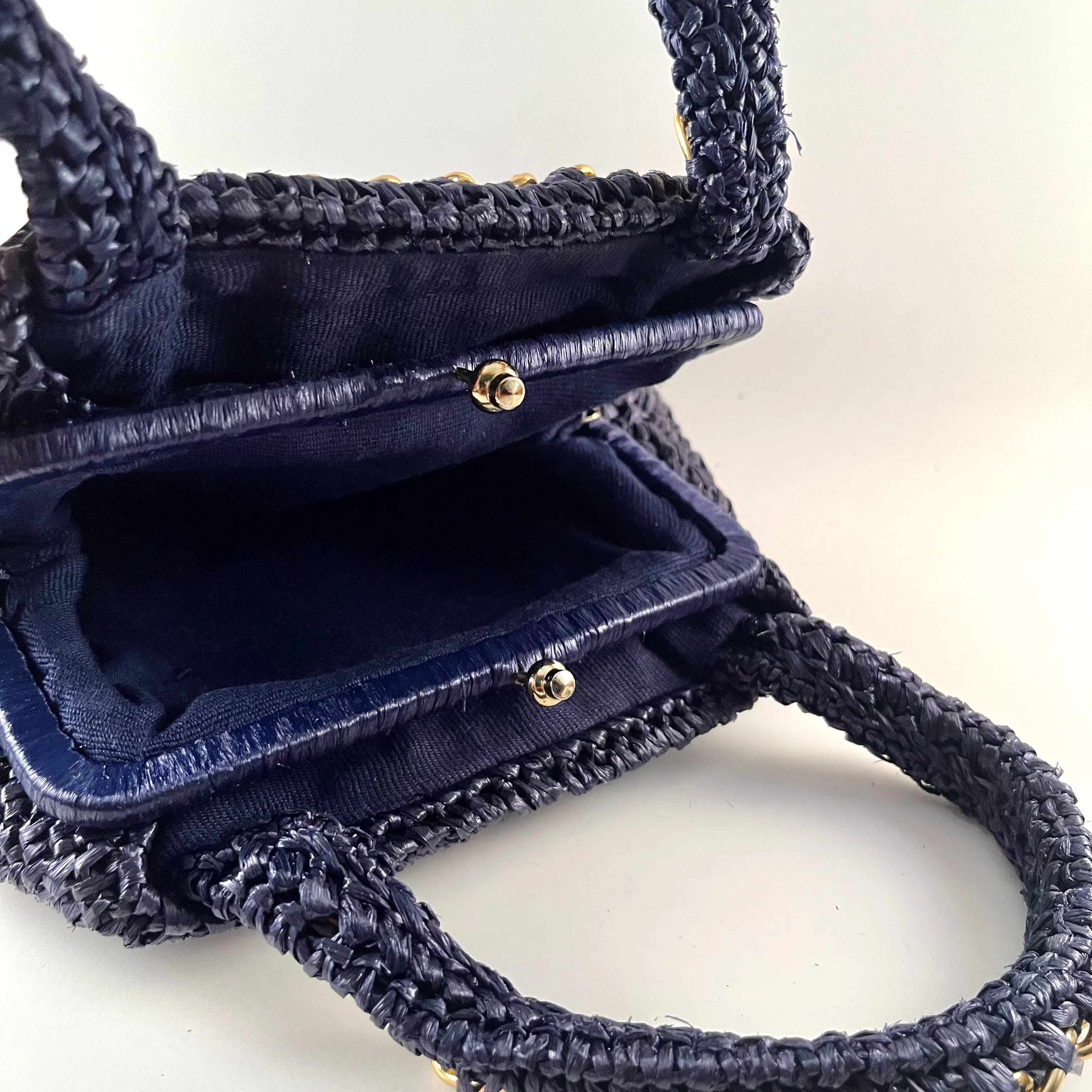 1960s Navy Raffia Straw Handbag