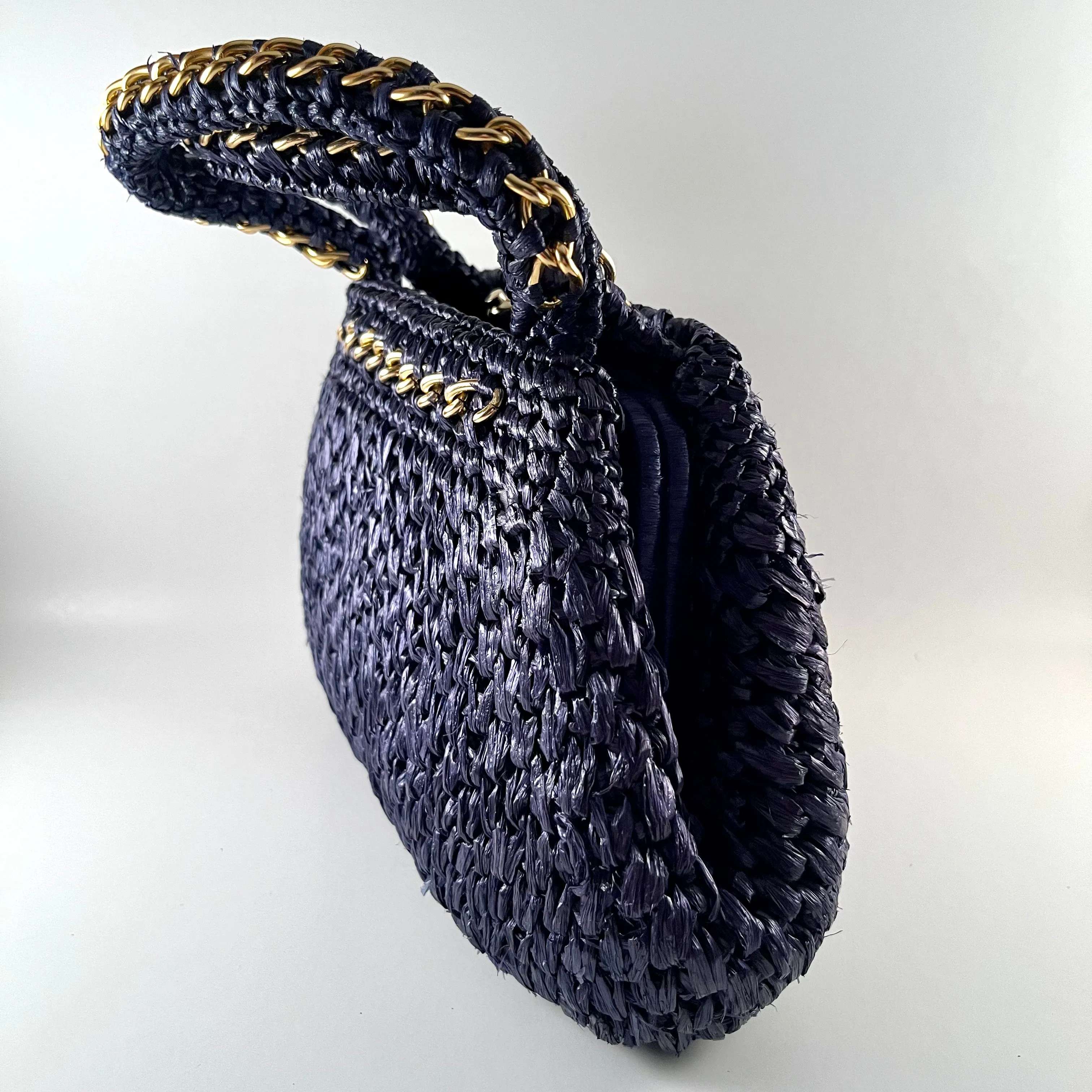 1960s Navy Raffia Straw Handbag