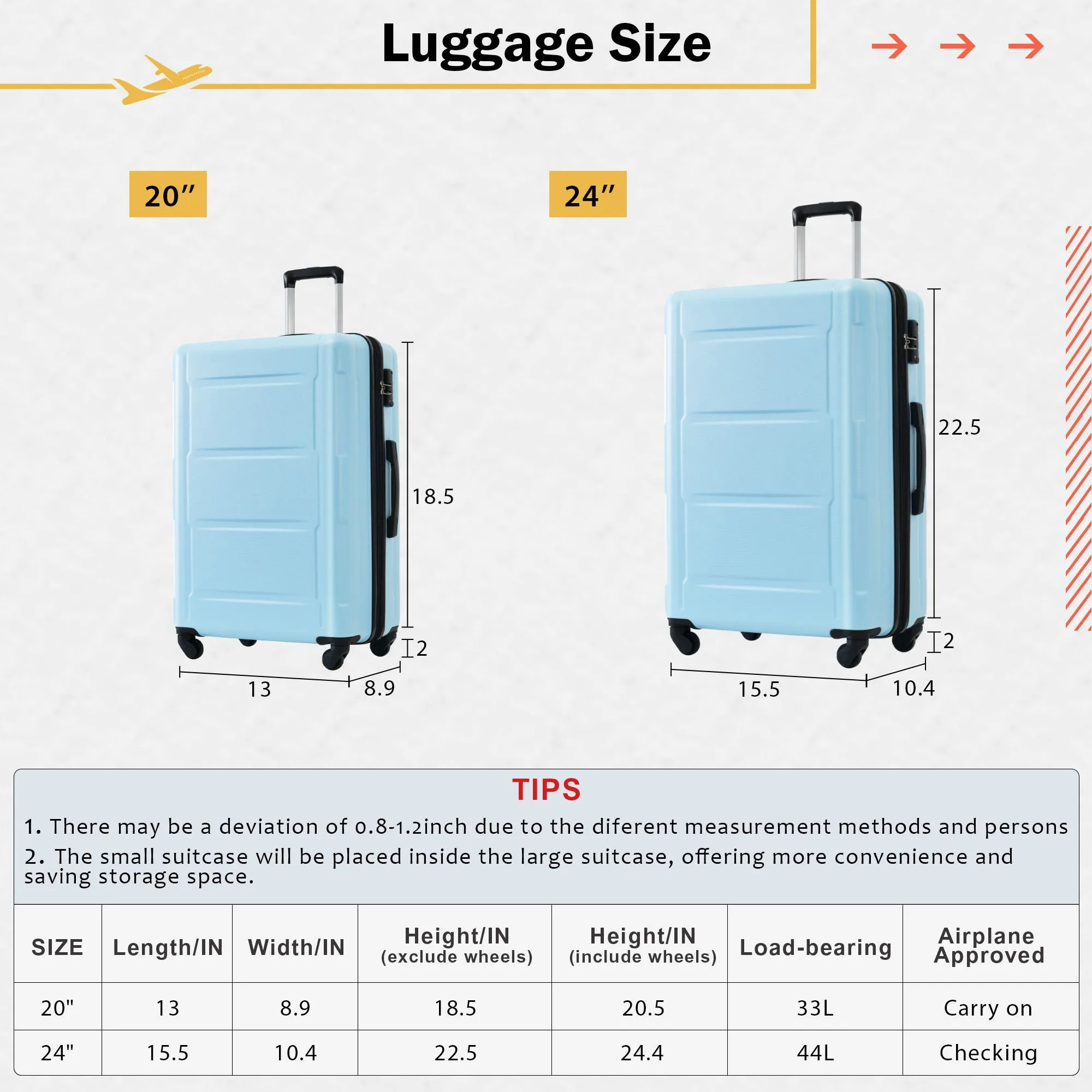 2 Piece Luggage Set With Bags Expanable Spinner Wheels ABS Lightweight Suitcase With Tsa Lock 20" / 24"