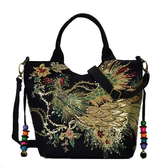 2018 New Canvas Women Handbag National Phoenix Embroidered Shoulder Totes Messenger Bag Leisure Crossbody Beach Travel Bag