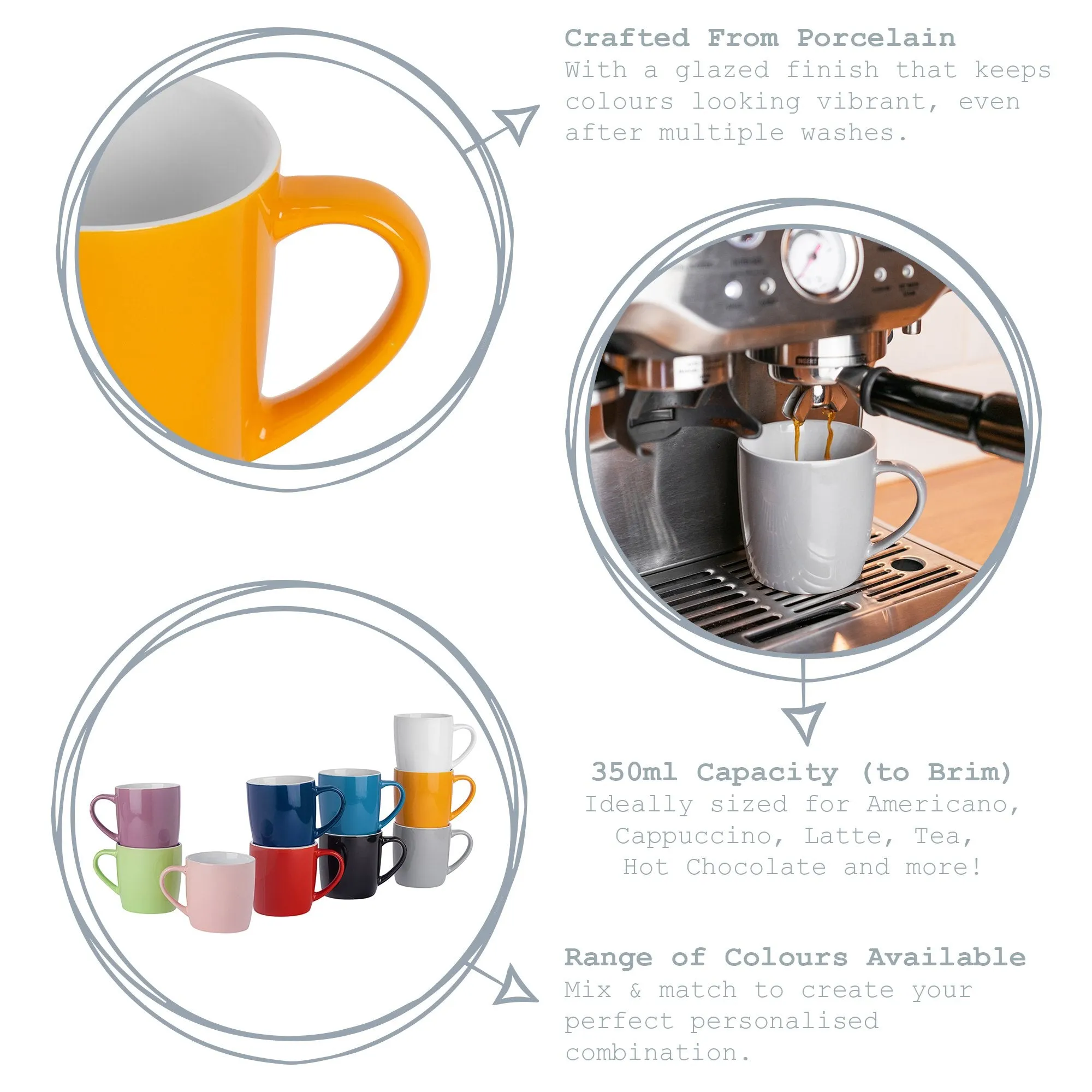 350ml Coloured Coffee Mugs - Pack of Six - By Argon Tableware