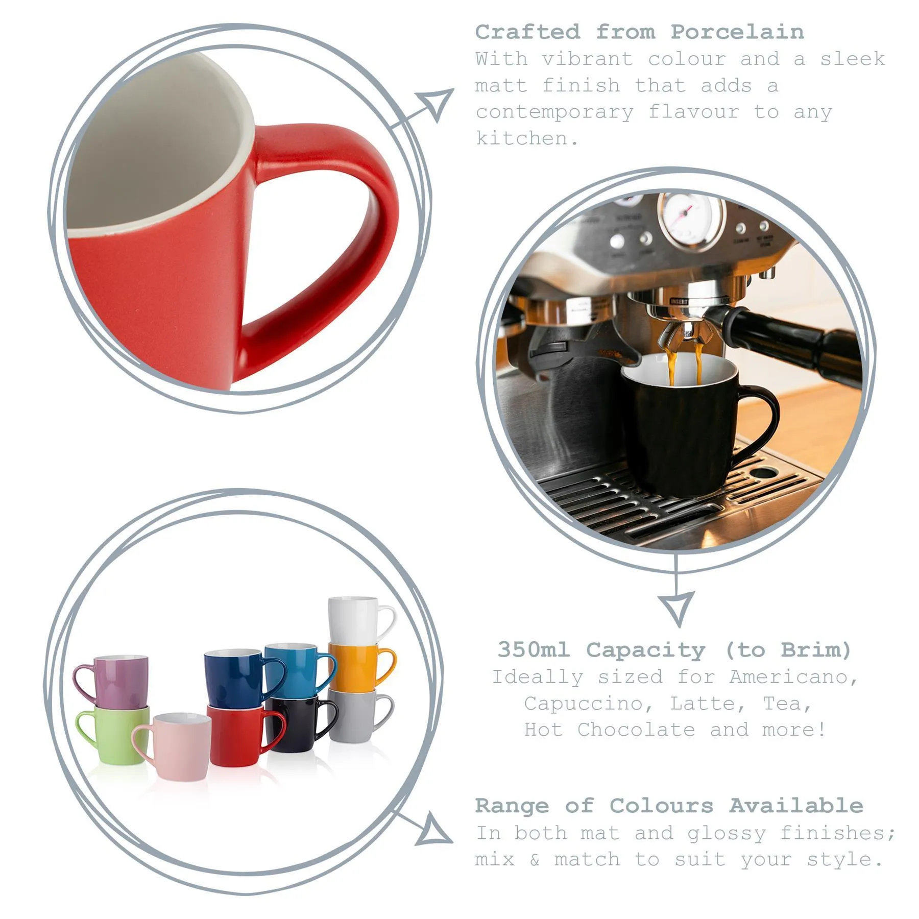 350ml Coloured Coffee Mugs - Pack of Six - By Argon Tableware