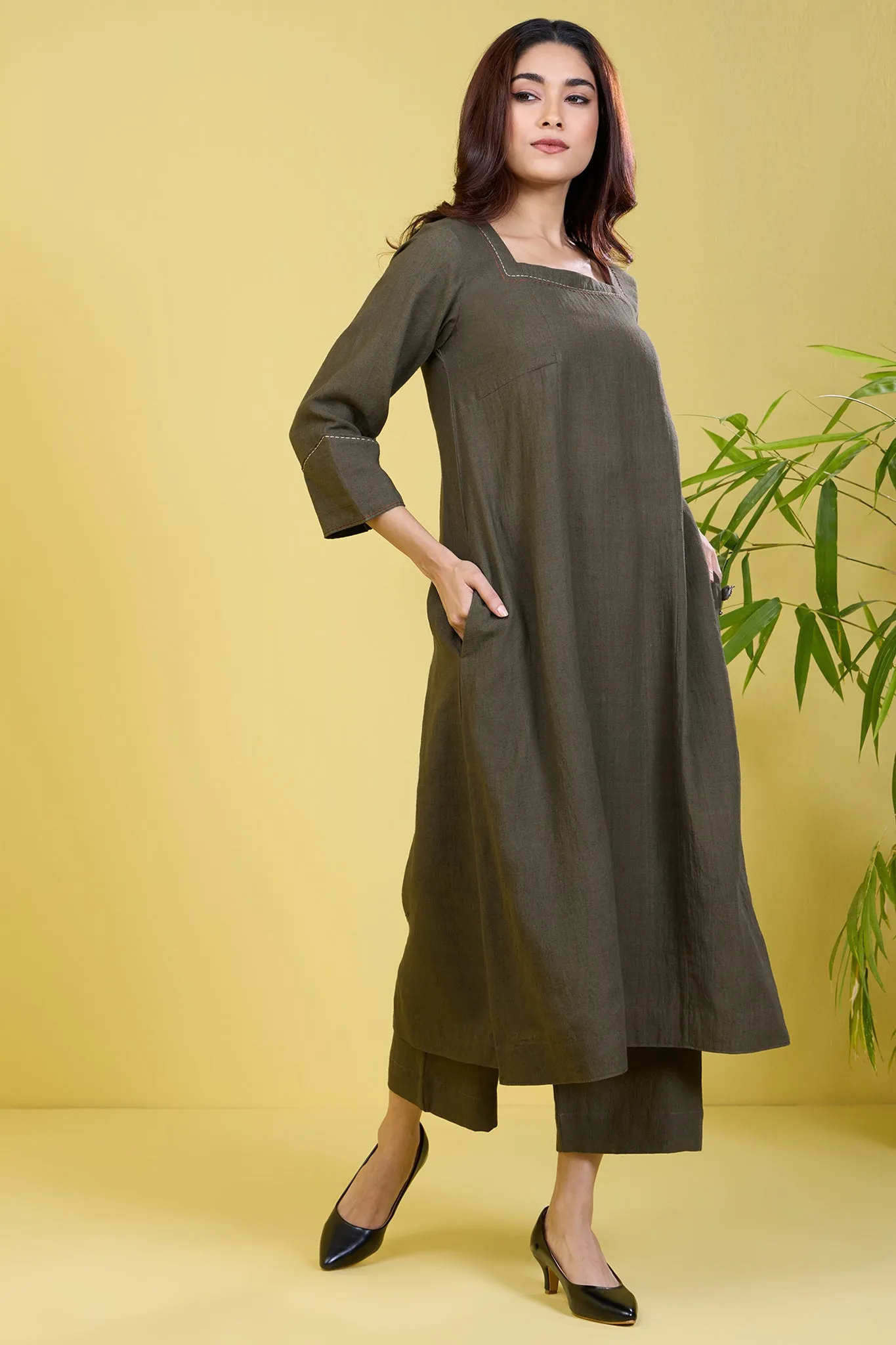 a-line panelled linen kurta opulent olive