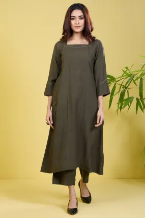 a-line panelled linen kurta opulent olive