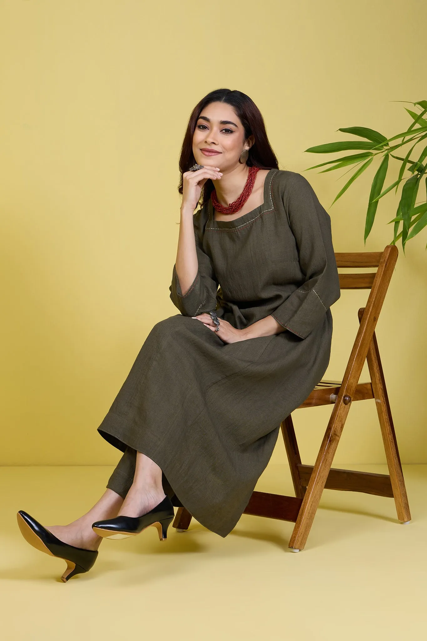 a-line panelled linen kurta opulent olive