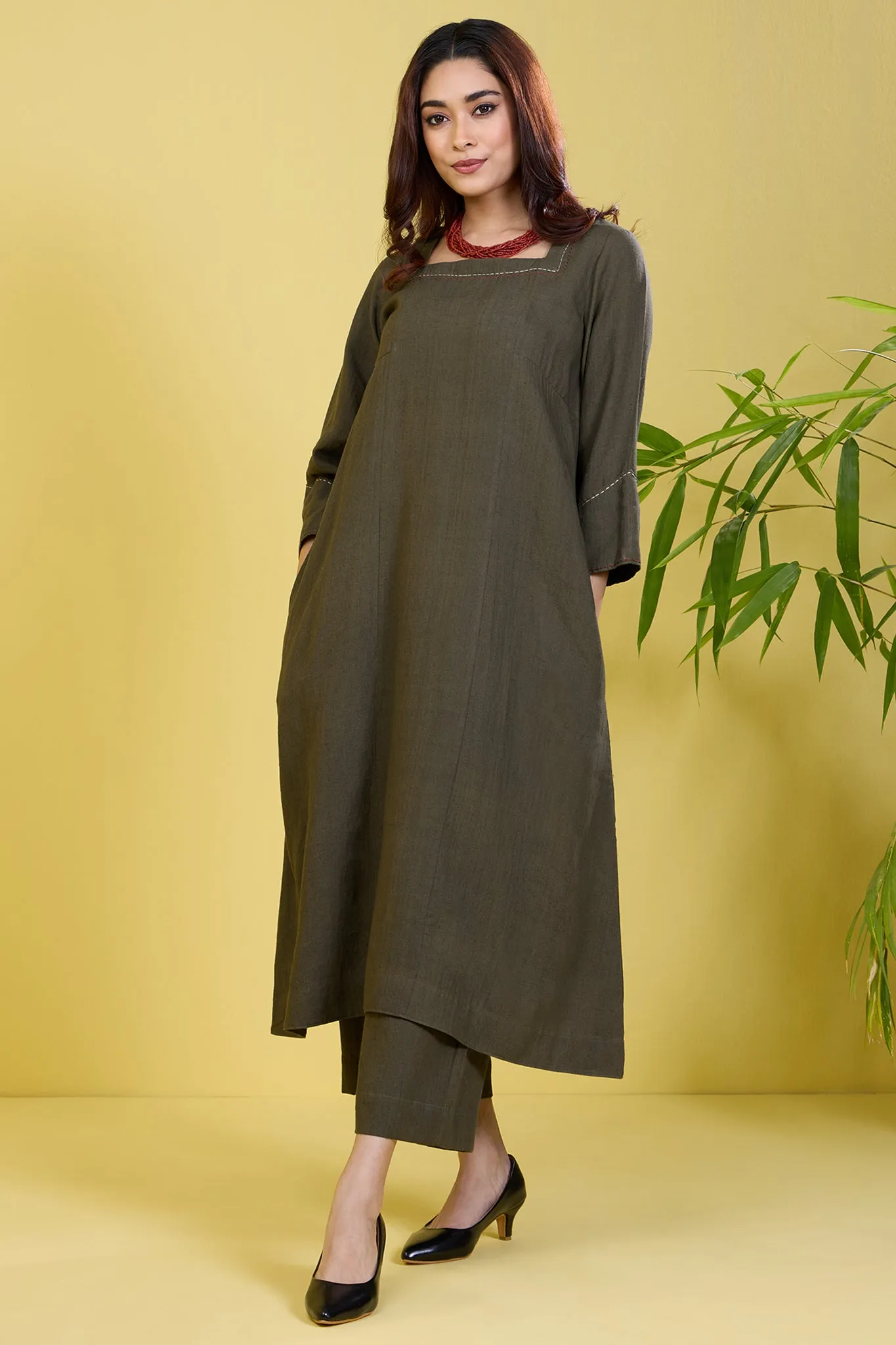 a-line panelled linen kurta opulent olive