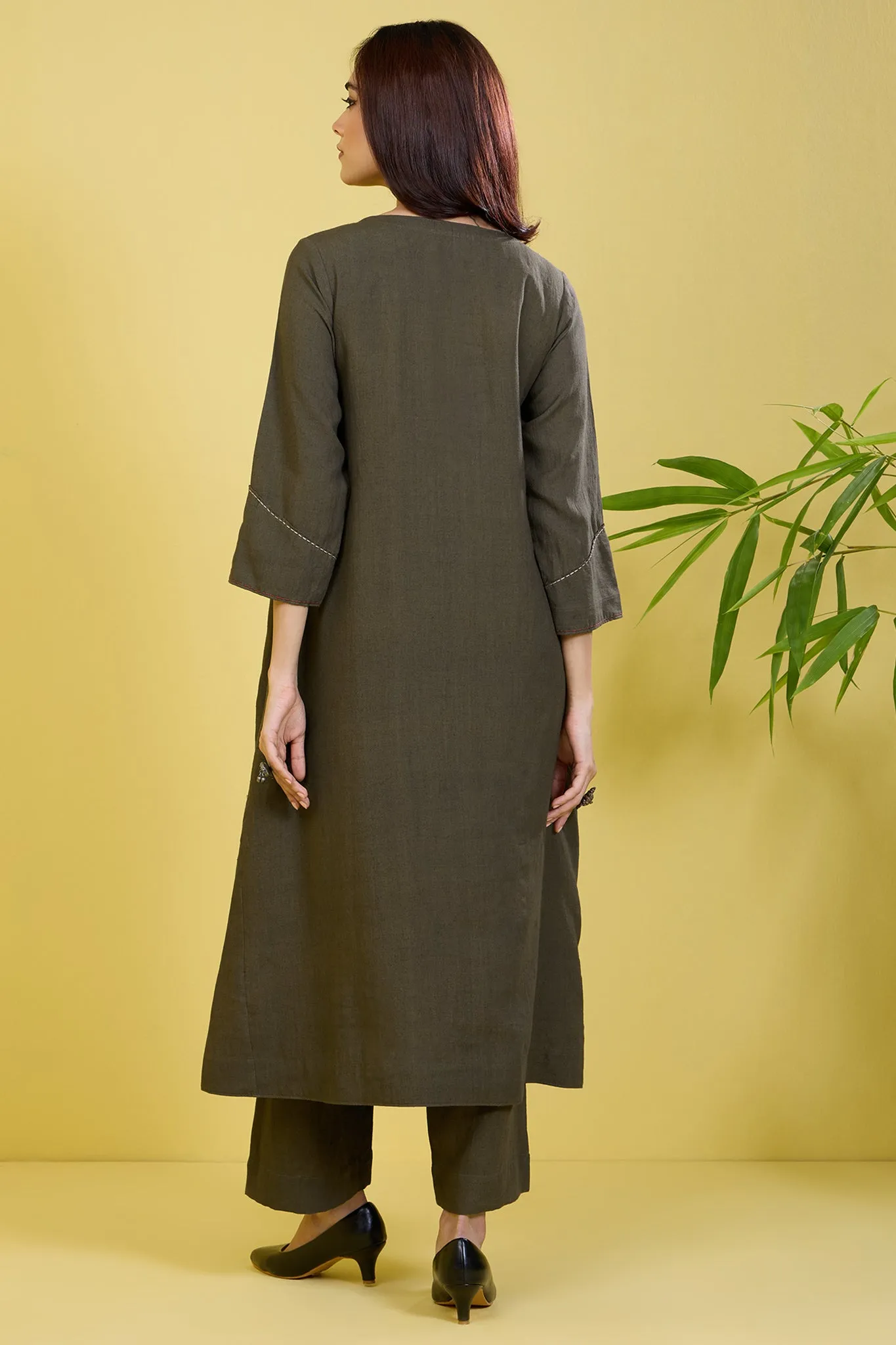 a-line panelled linen kurta opulent olive