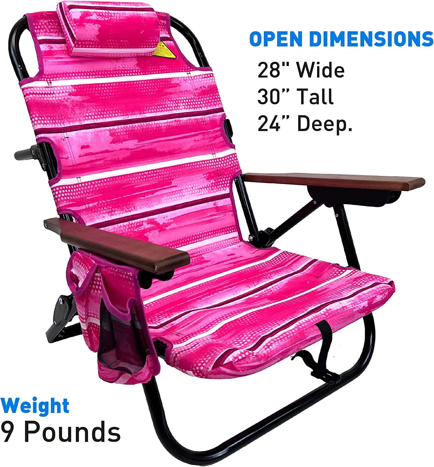 Backpack Beach Chair - 5 Positions and Lays Flat – Deluxe Wood Arm Rests – Cup Holder Storage Pouch on Side - Padded Pillow - Storage Bag on Back – Lightweight Rustproof Aluminum – 1 Pack Pink Stripes