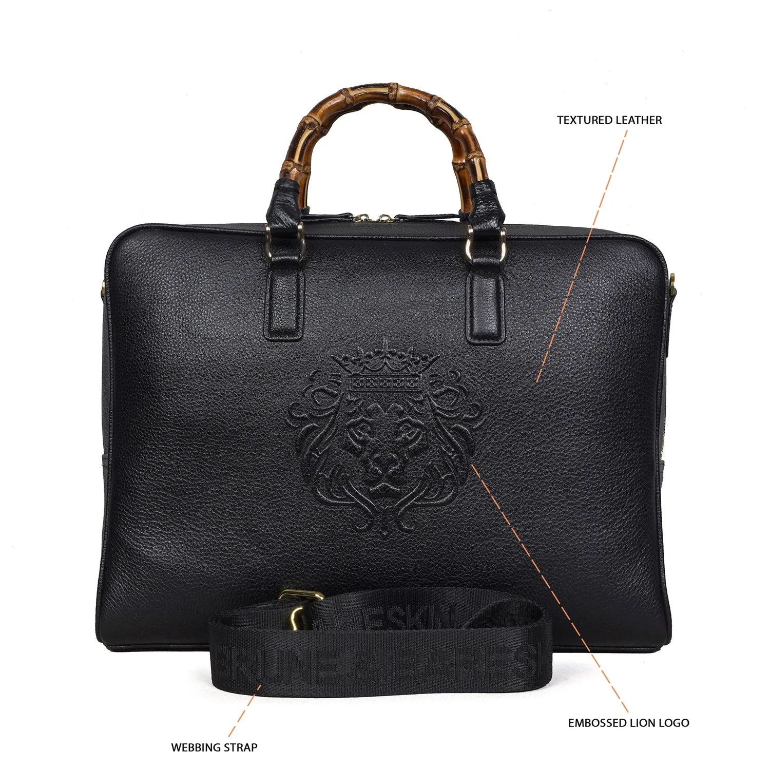 Bamboo Handle Black Laptop/Office Briefcase in Textured Leather