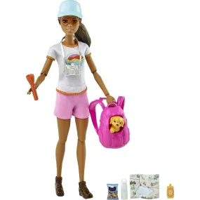 Barbie HNC39 Self-Care Posable Doll, Brunette Hiking Doll with Puppy and Accessories