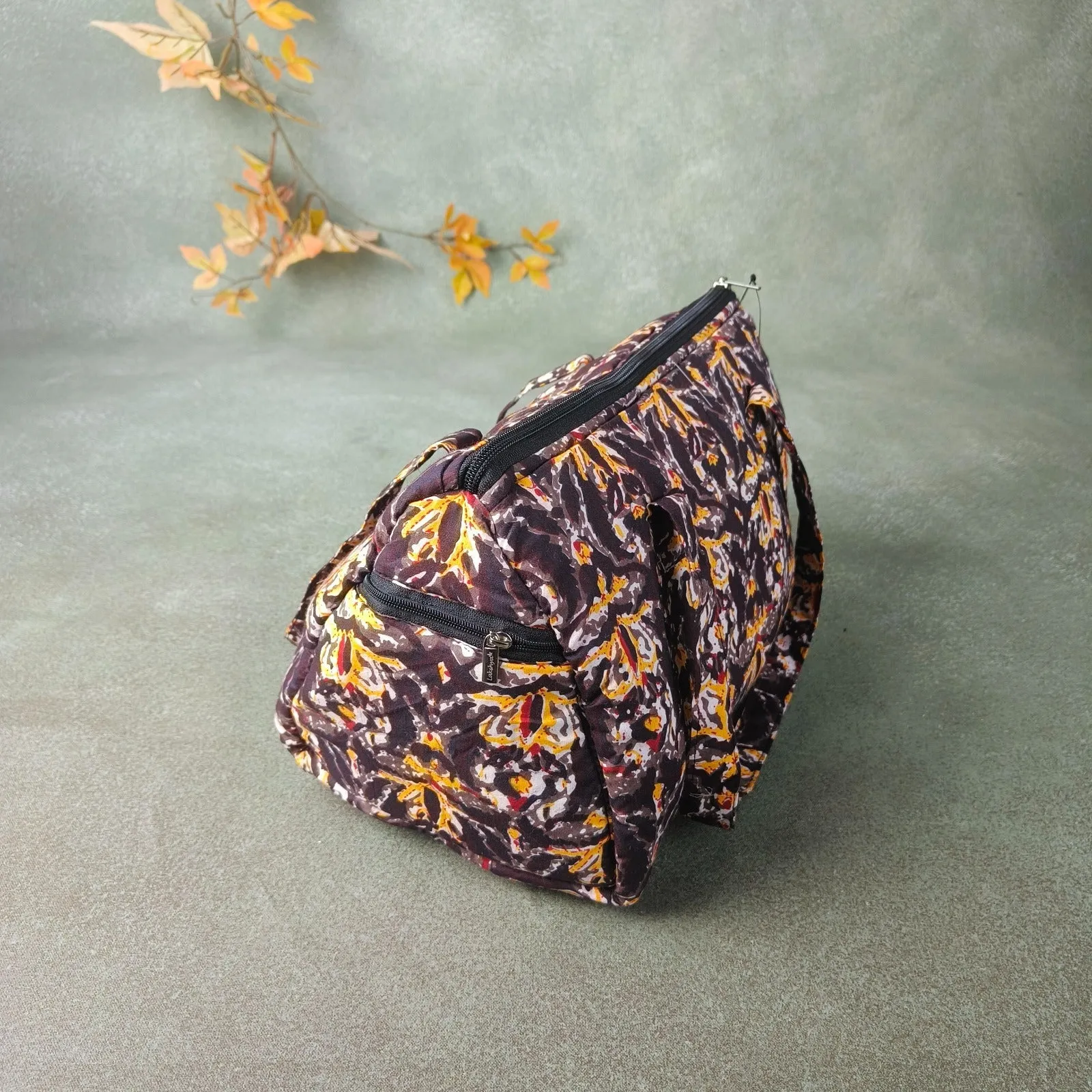 Barrel Handbags Black with Botanical Prints Design