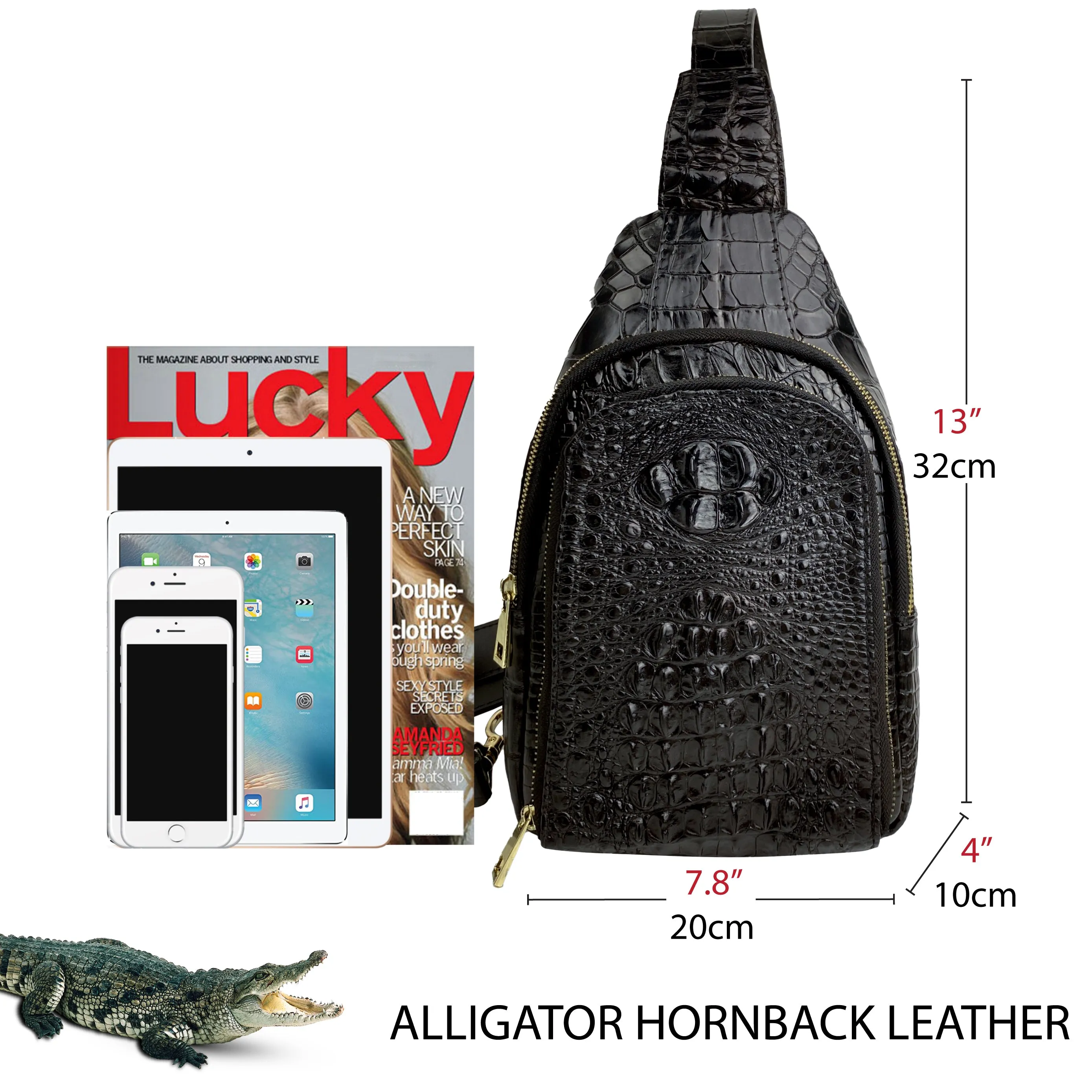 Black Alligator Crossbody Sling Bag | Handmade Men's Crocodile Shoulder Bag | BACKPACK11