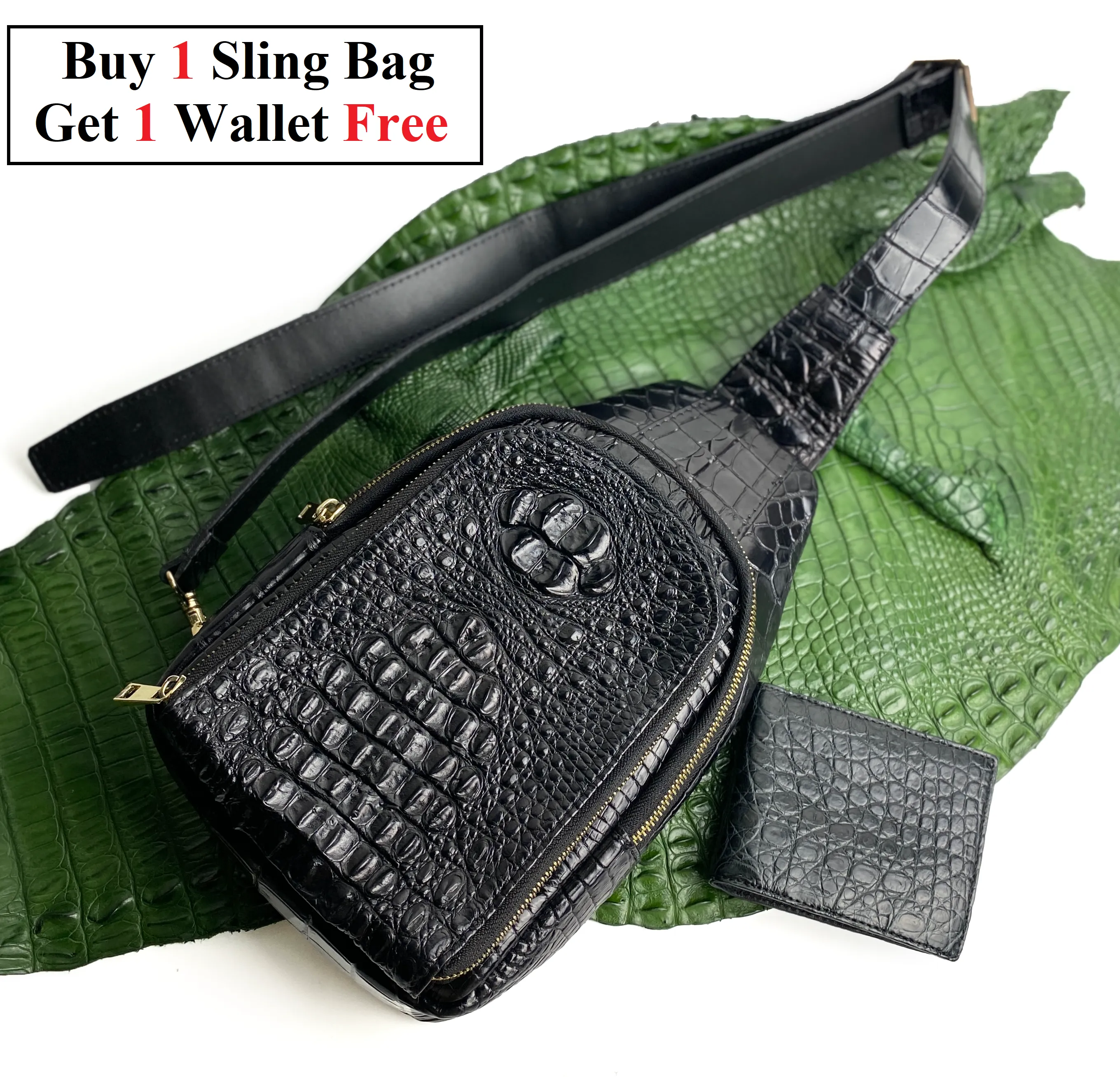 Black Alligator Crossbody Sling Bag | Handmade Men's Crocodile Shoulder Bag | BACKPACK11