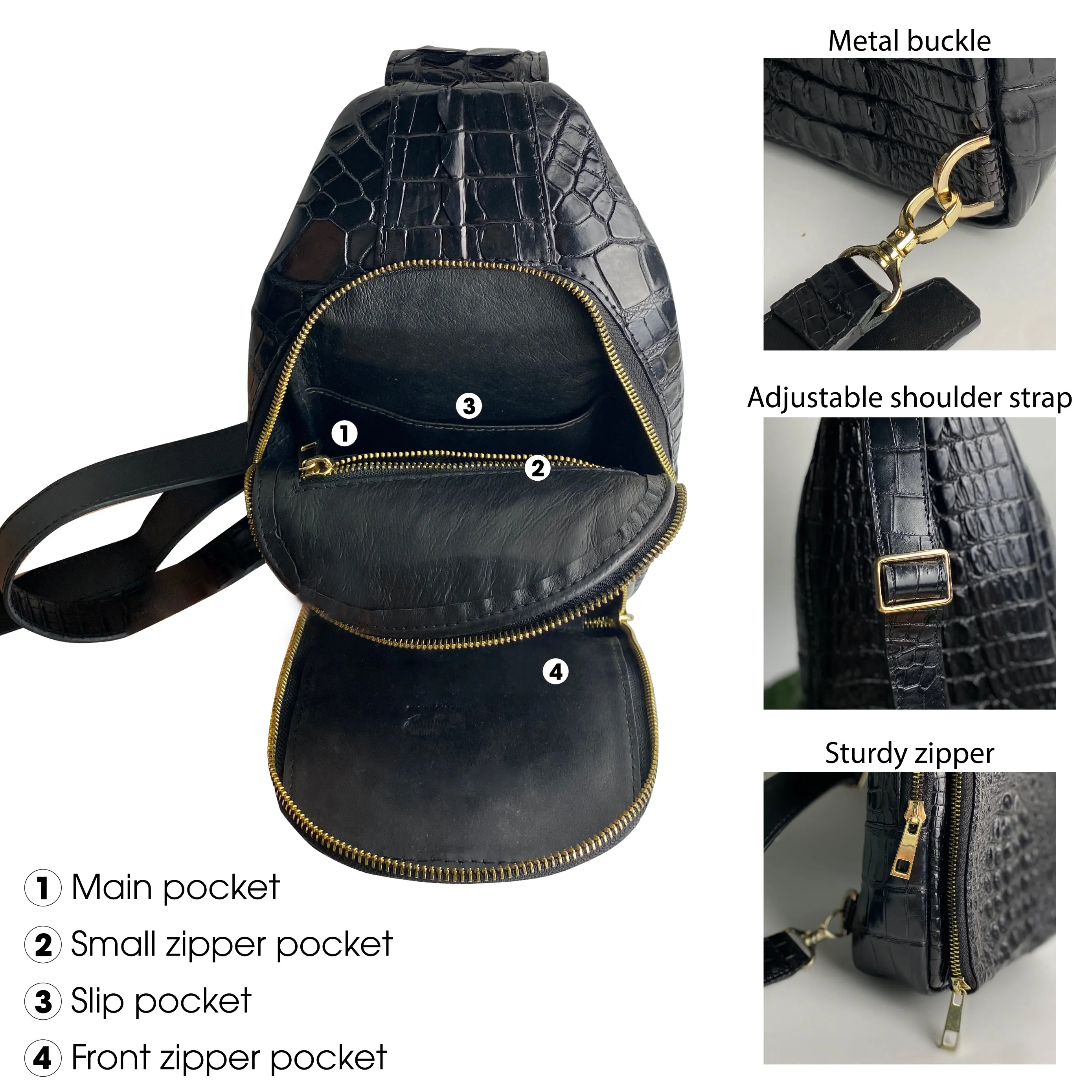 Black Alligator Crossbody Sling Bag | Handmade Men's Crocodile Shoulder Bag | BACKPACK11