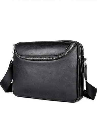 Black Cool Leather 10 inches Large Zipper Messenger Bag Handbag Shoulder Bag For Men