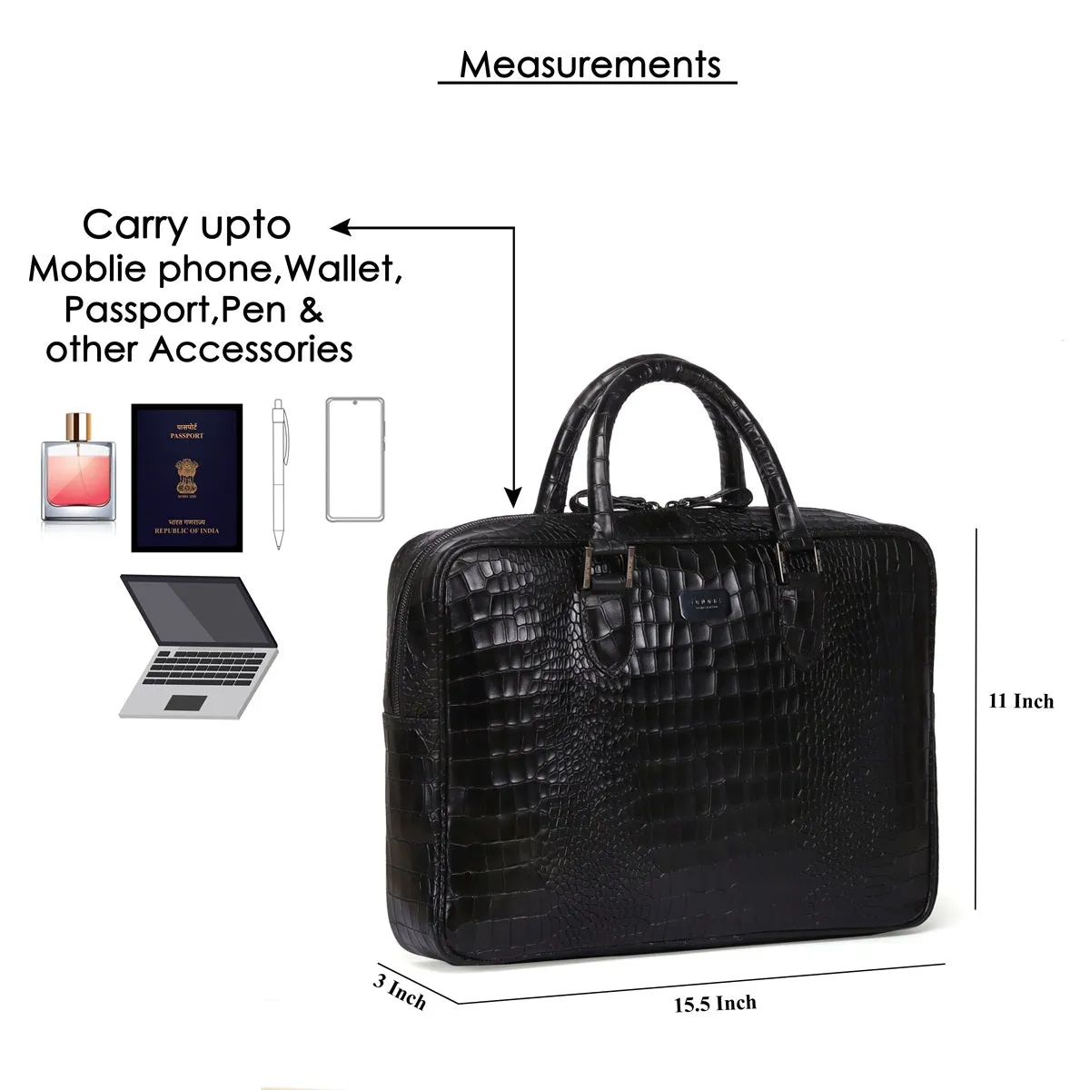 Black Deep Cut Textured Leather Laptop/Office Bag