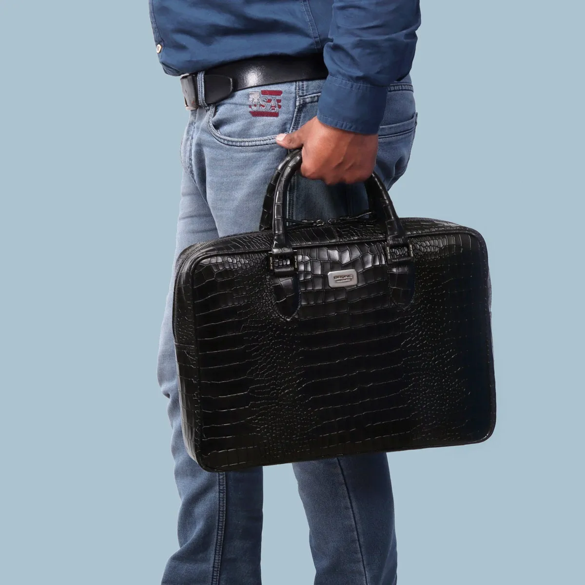 Black Deep Cut Textured Leather Laptop/Office Bag