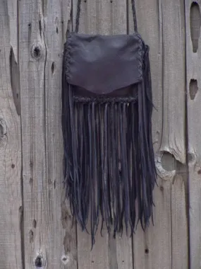 Black leather fringed handbag , bohemian style purse