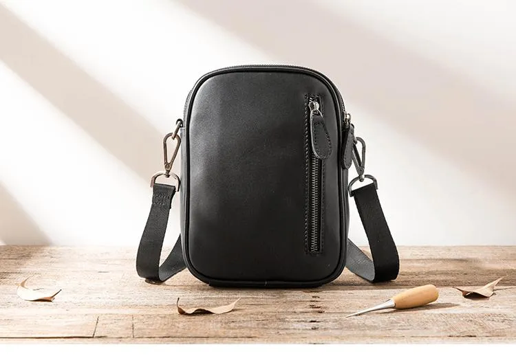 Black Leather Mens 8 inches Small Vertical Side Bag Black Messenger Bags Postman Bag Courier Bag for Men