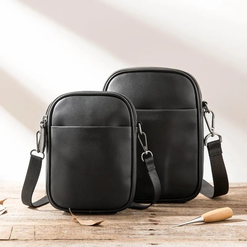 Black Leather Mens 8 inches Small Vertical Side Bag Black Messenger Bags Postman Bag Courier Bag for Men