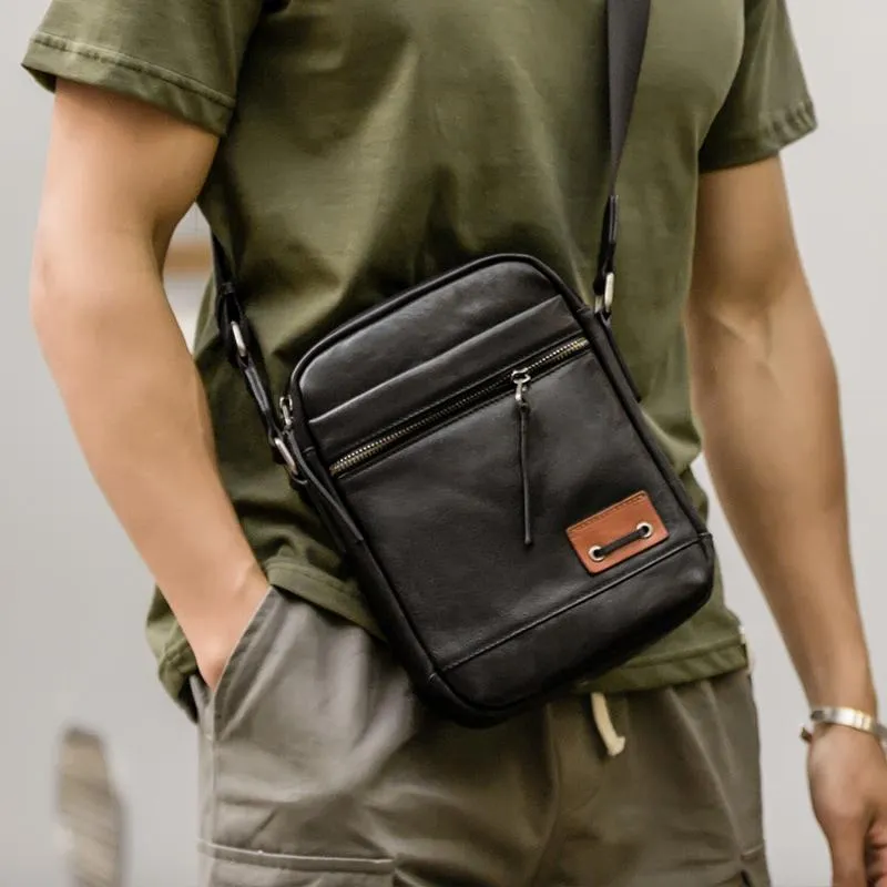 Black Small Leather Mens Vertical Side Bag Black Mini Postman Bag Messenger Bags Phone Bag for Men