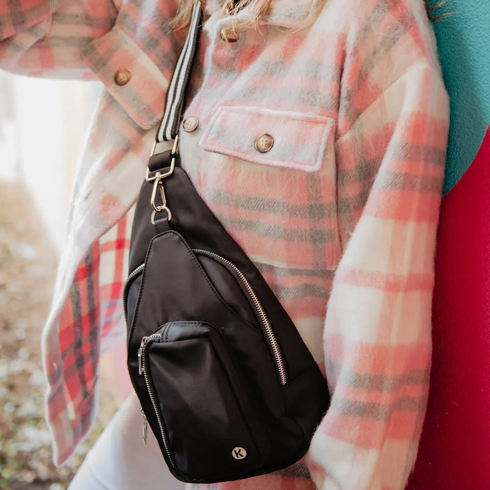 Black Solid SLING BAG with Striped Strap