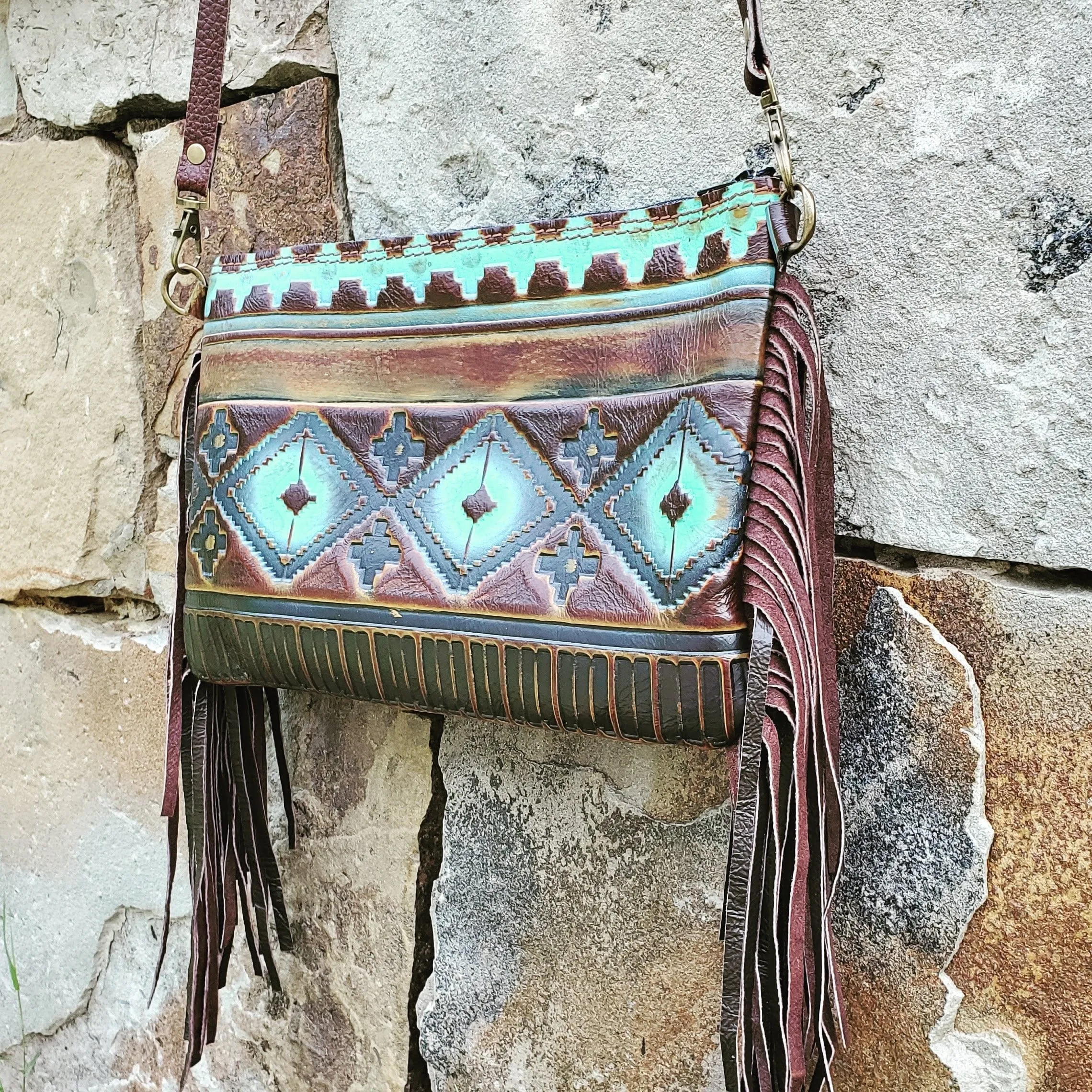 Blue Navajo Leather Embossed Clutch Handbag