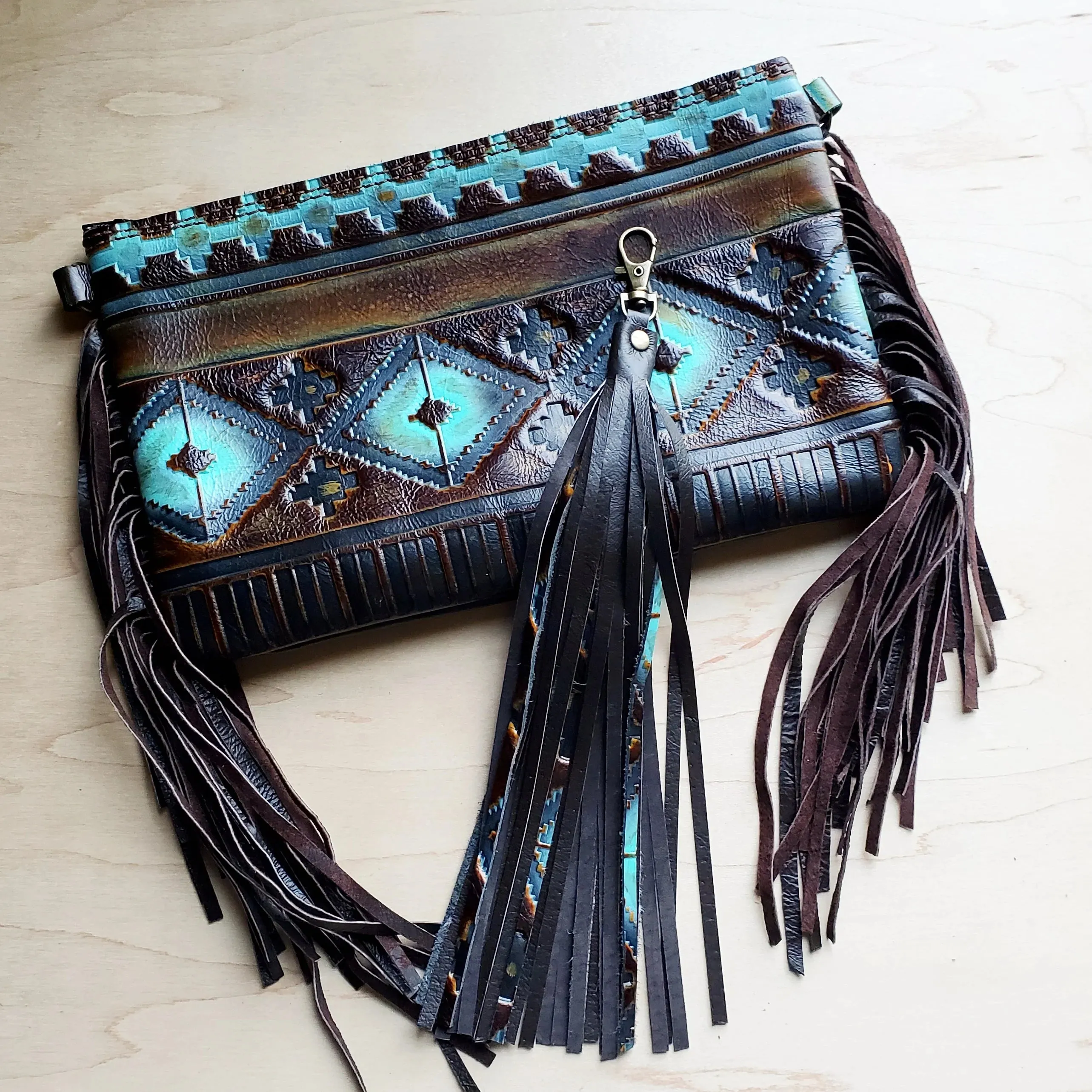 Blue Navajo Leather Embossed Clutch Handbag