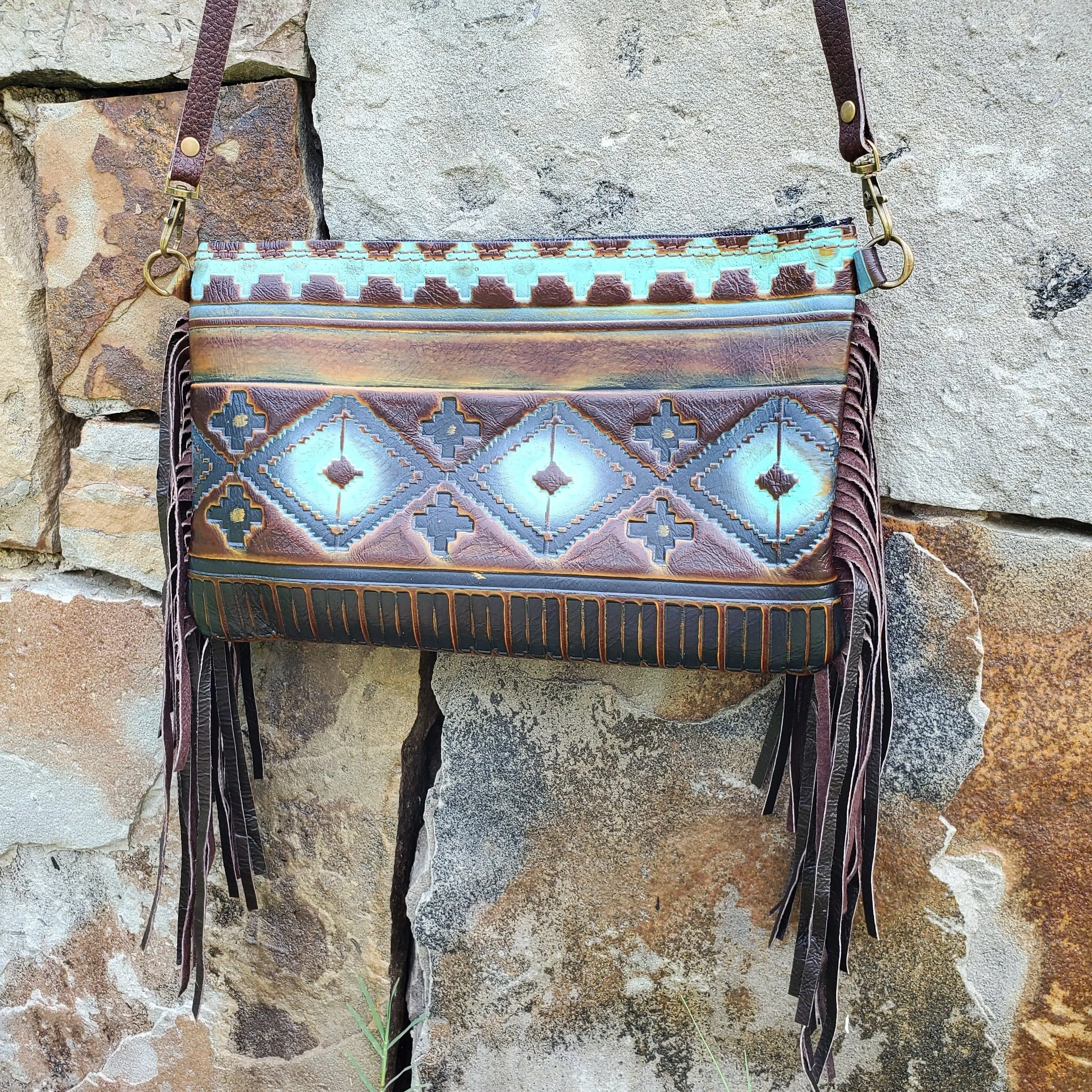 Blue Navajo Leather Embossed Clutch Handbag