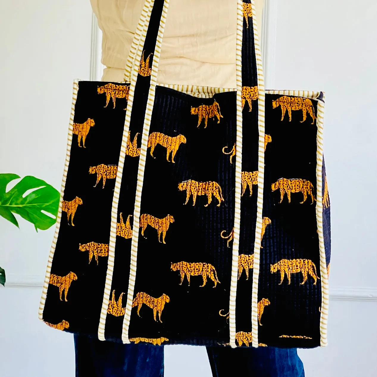 Boho Quilted Indian Block Cotton Tote Bag | Leopard