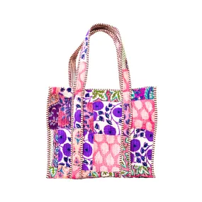 Boho Quilted Indian Block Cotton Tote Bag | Patchwork Pinks