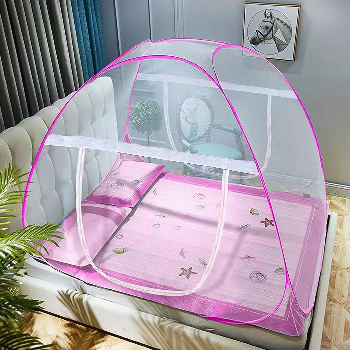 BonKaso Mosquito Polyester Net Foldable King Queen Size Double Bed with Free Storage Bag 6.5 x 6.5 Feet (Pink)