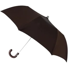 Brown Herringbone Canopy Travel Umbrella Woven Leather Handle