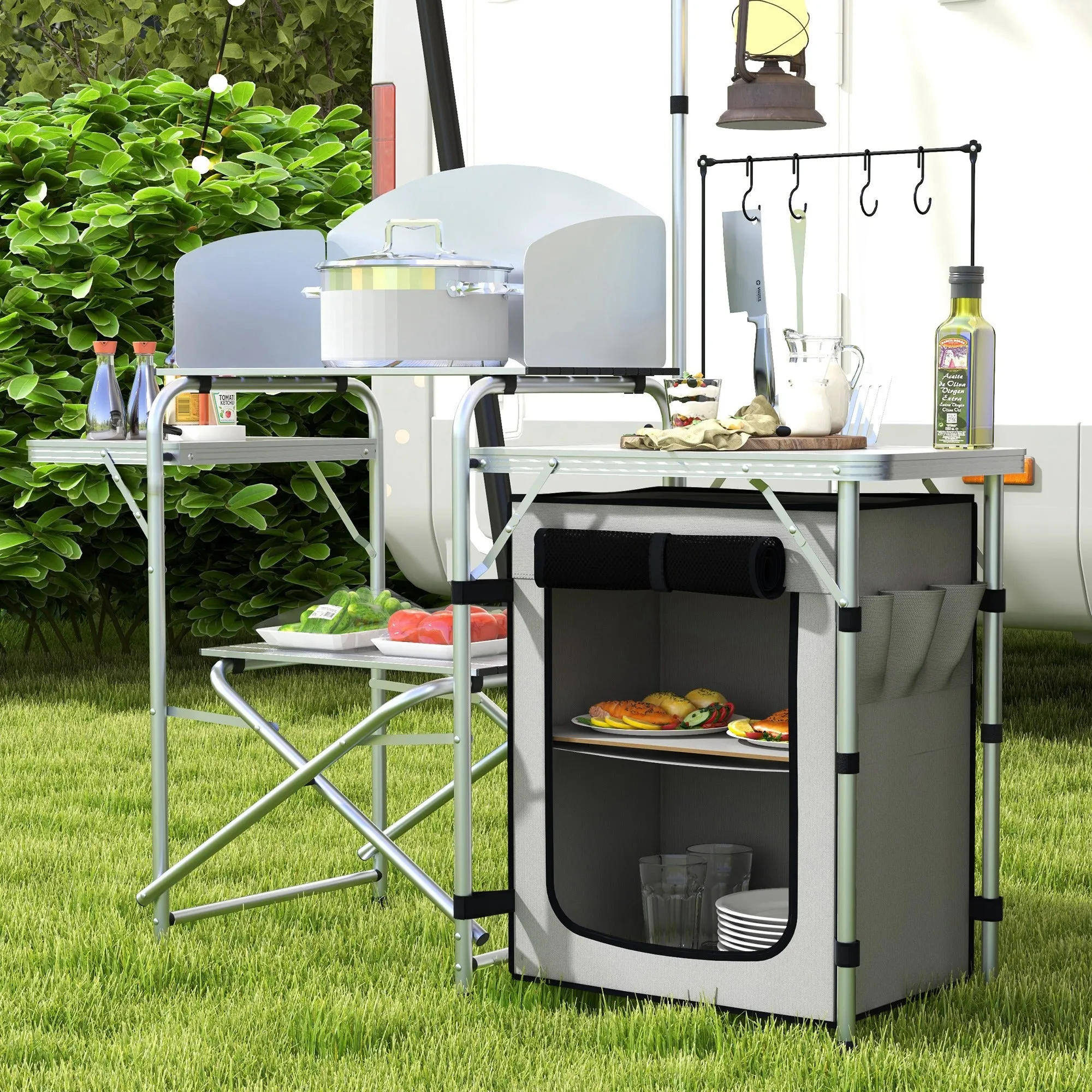 Camping Kitchen w/ Storage Cupboard, Folding Camping Table, Aluminium Picnic Table w/ Windshield, Stand, Carrying Bag