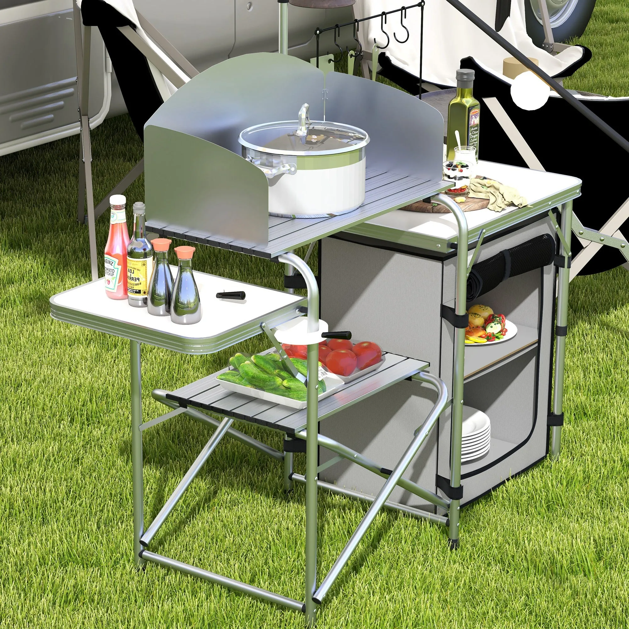 Camping Kitchen w/ Storage Cupboard, Folding Camping Table, Aluminium Picnic Table w/ Windshield, Stand, Carrying Bag