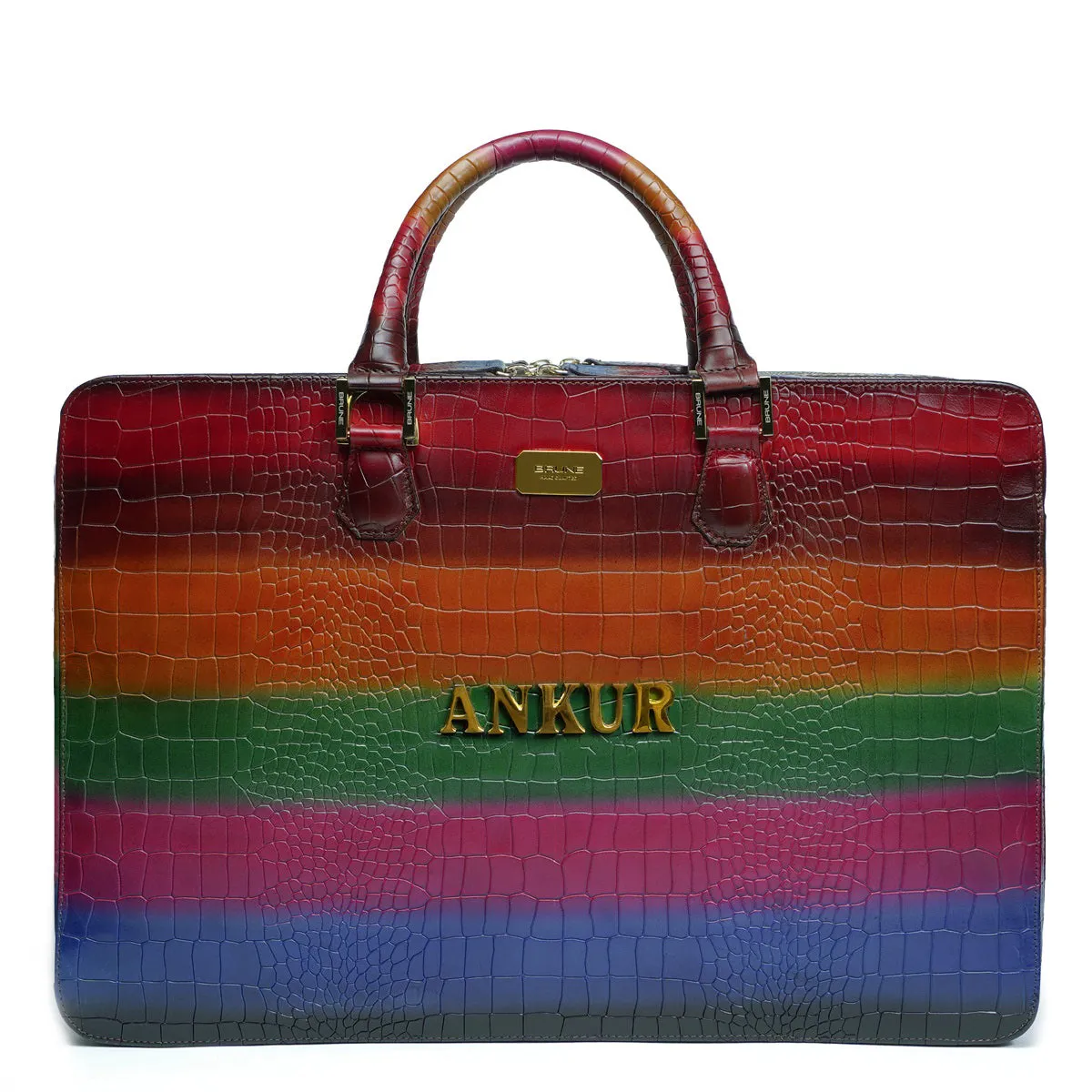 Customized Laptop Briefcase with Metal Initial in Multi-Colored Croco Textured Leather