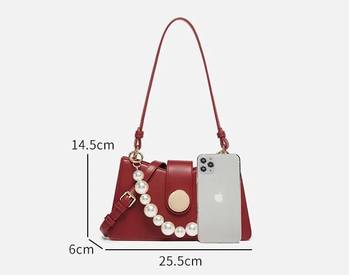 Cute Red Minimalist Simple Slick Luxury Genuine Leather White Pearls Handle Strap Decor Handbag for Women, Shoulder Bag, Baguette