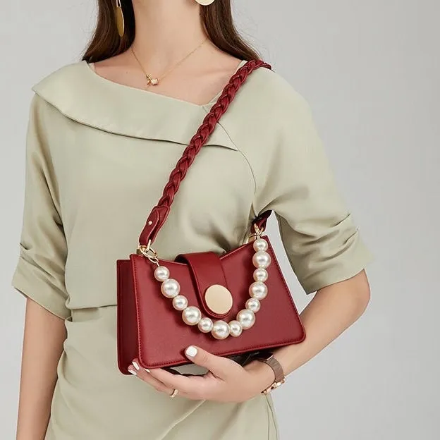 Cute Red Minimalist Simple Slick Luxury Genuine Leather White Pearls Handle Strap Decor Handbag for Women, Shoulder Bag, Baguette