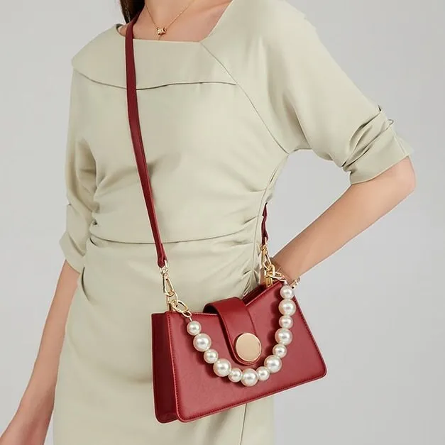 Cute Red Minimalist Simple Slick Luxury Genuine Leather White Pearls Handle Strap Decor Handbag for Women, Shoulder Bag, Baguette