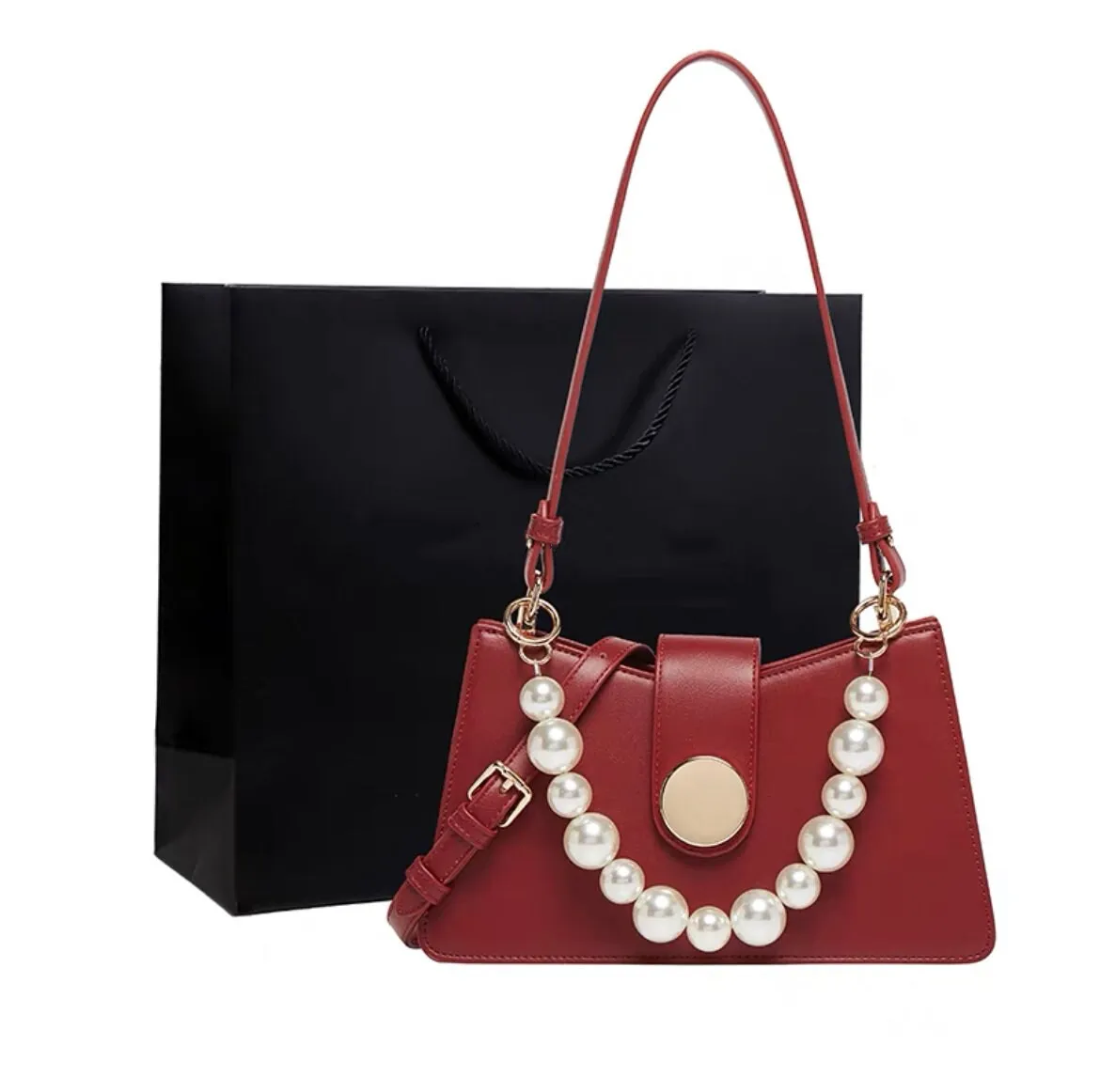 Cute Red Minimalist Simple Slick Luxury Genuine Leather White Pearls Handle Strap Decor Handbag for Women, Shoulder Bag, Baguette