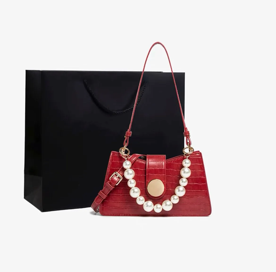 Cute Red Minimalist Simple Slick Luxury Genuine Leather White Pearls Handle Strap Decor Handbag for Women, Shoulder Bag, Baguette