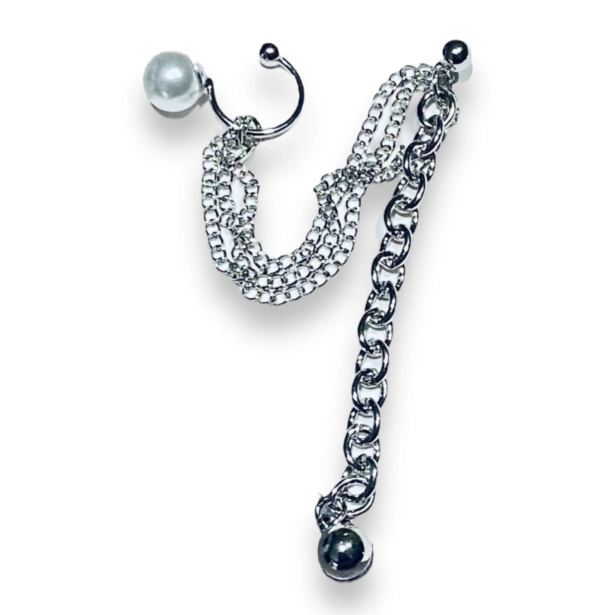 Dazzling Silver Chains and Pearl Ear Cuff Post Earring