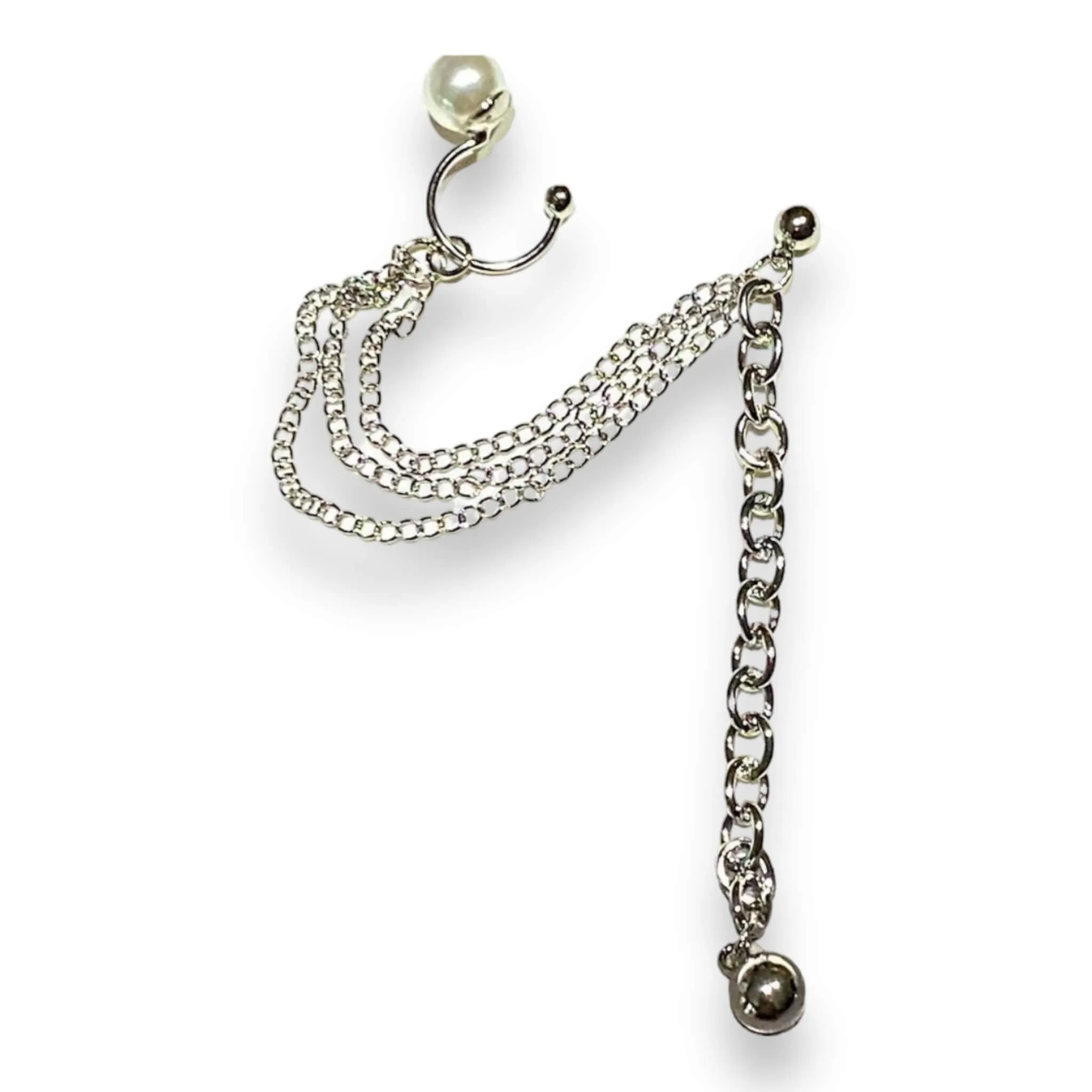 Dazzling Silver Chains and Pearl Ear Cuff Post Earring