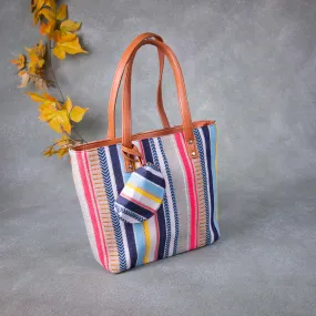 Double Zippered Tote Blue with Pink Colours.