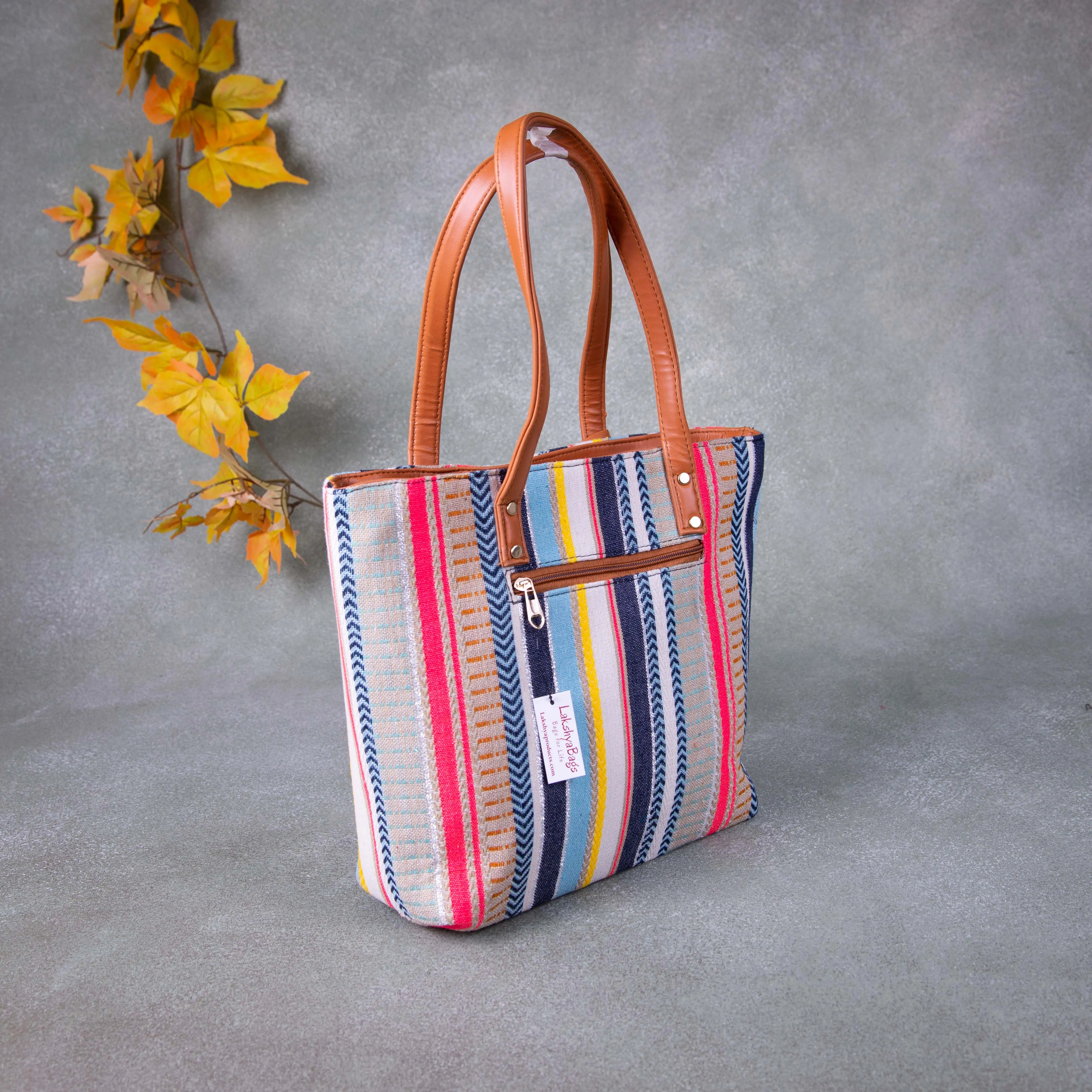 Double Zippered Tote Blue with Pink Colours.