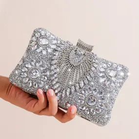 Elegant Silver Rhinestone Evening Clutch – Removable Strap, Buckle Closure, Polyester Lining, Ideal for Bridal and Special Occasions