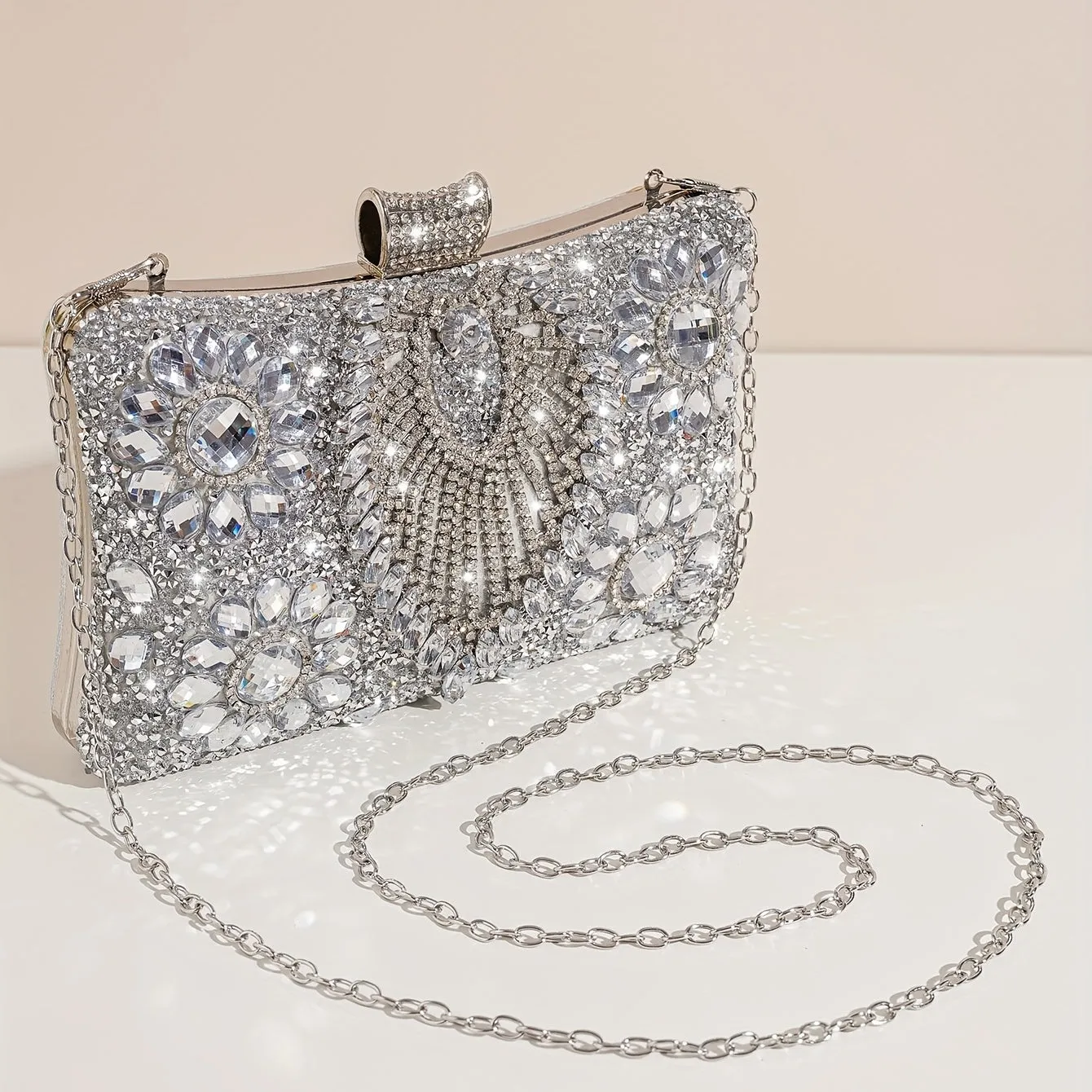 Elegant Silver Rhinestone Evening Clutch – Removable Strap, Buckle Closure, Polyester Lining, Ideal for Bridal and Special Occasions