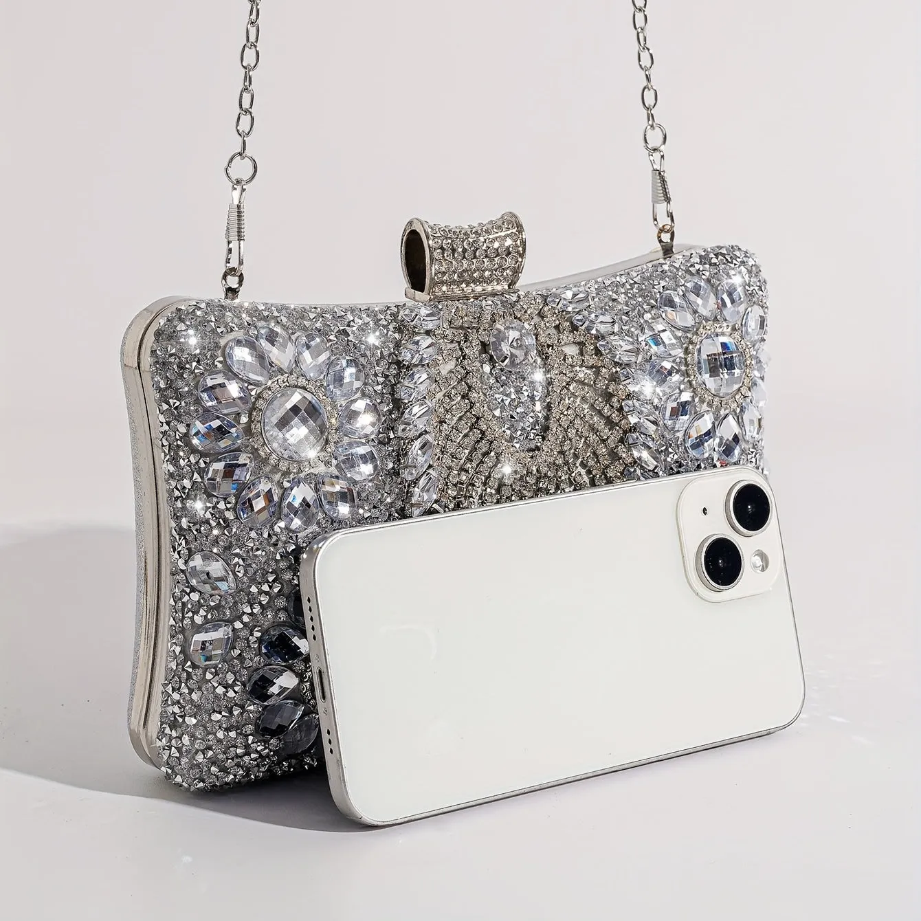 Elegant Silver Rhinestone Evening Clutch – Removable Strap, Buckle Closure, Polyester Lining, Ideal for Bridal and Special Occasions