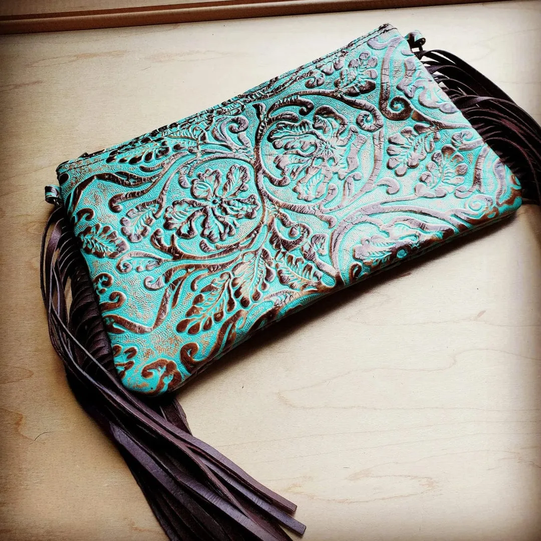 Embossed Cowboy Turquoise Leather Clutch Handbag